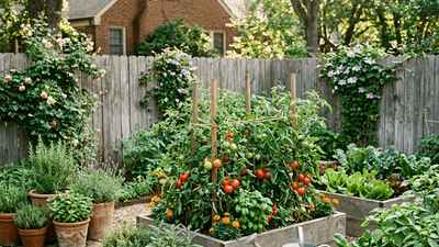 Home garden with raised vegetable beds and herbs in the sun