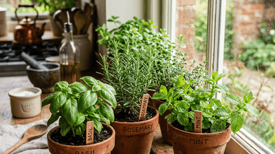 Fresh herbs growing in terracotta pots on a sunny windowsill